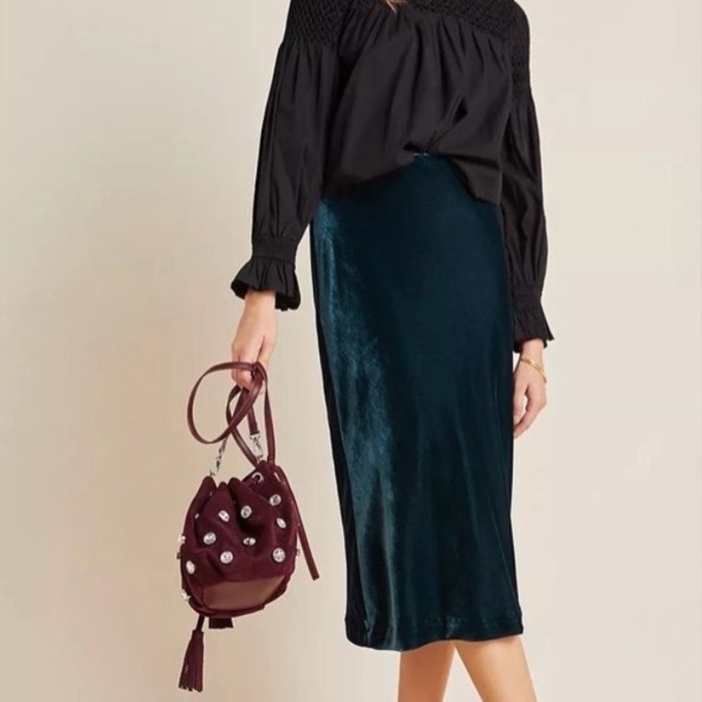 Anthropologie Teal Velvet Midi Skirt